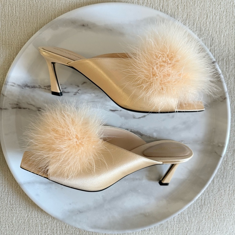 Saint Laurent Blanco 60 Mule Satin Feather Heel Nude Size 39 - Picture 2 of 7